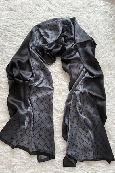 PİRAMİT Vual Silk Shawl Logo Pattern Anthracite