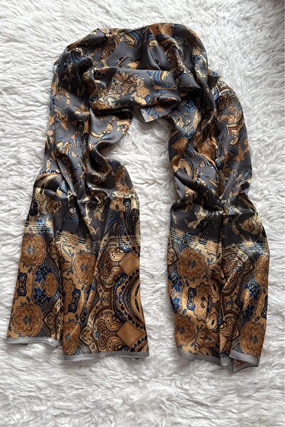 PİRAMİT Vual Silk Shawl Ethnic Pattern Gray