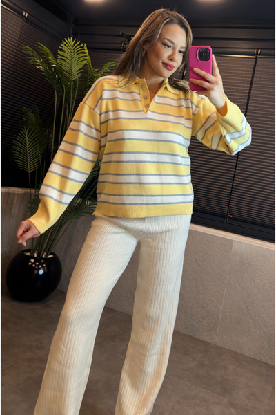 MİR STORE Yellow-Grey Striped Polo Neck Sweater