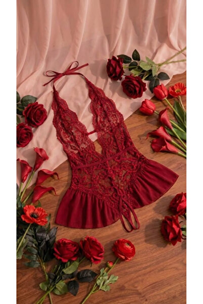 AZZERİ Kırmızı, Tüllü, Dantelli, Çiçek Desenli Şık Kadın Gecelik