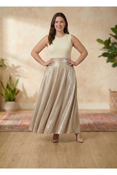 puerpuellamoda Büyük Beden Trend Kadın Gold Metalik Görünümlü Yüksek Bel A-Fo...