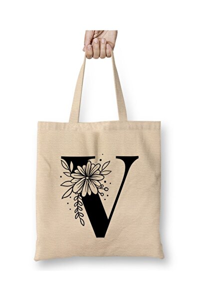Toyaso Letter V White Cloth Bag Long Handle Shopping Bag Beach Bag