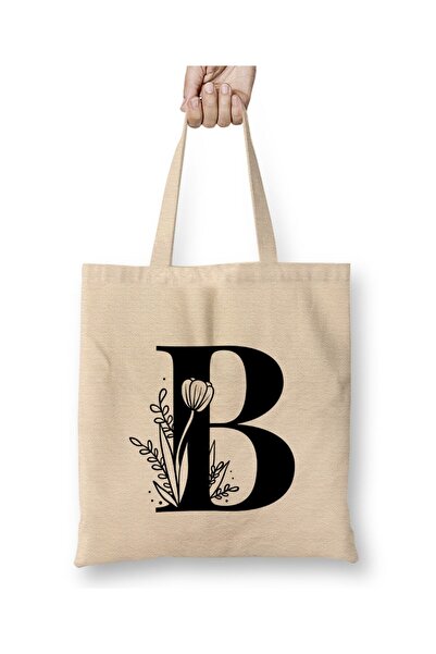 Toyaso Letter B White Cloth Bag Long Handle Shopping Bag Beach Bag