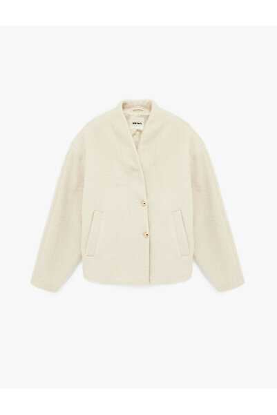 Koton Buttoned Long Sleeve Mock Neck Oversized Plush Coat with Pockets