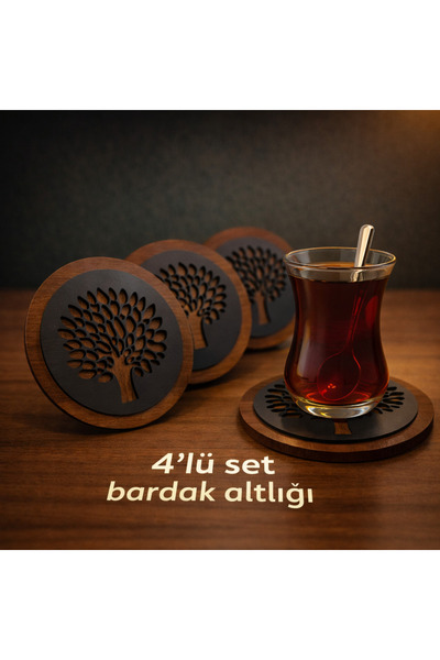 4'lü Ağaç Desenli Tasarım Ahşap Bardak Altlığı