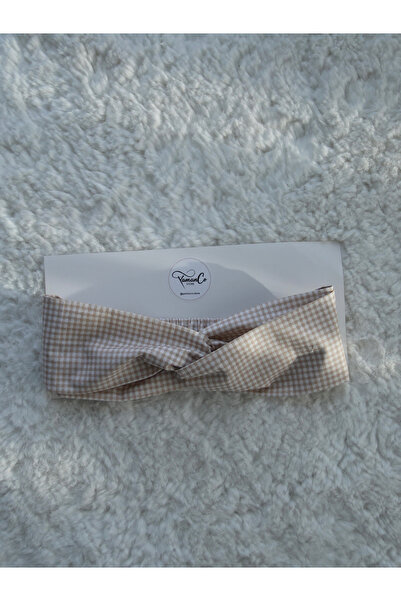 YamanCo Store Bej Ekose Desenli Lastikli Burgu Bandana (Poplin)