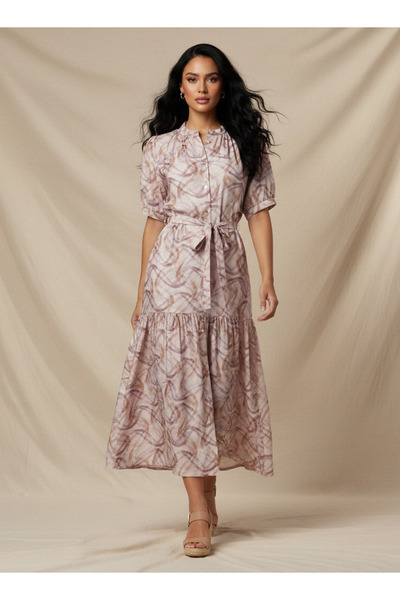 FAV Tiered Midi Viscose Belted Dress with Abstract Print