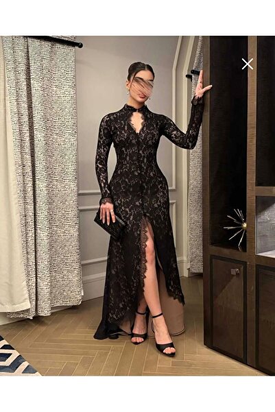 hind fashion فستان سهرة دانتيل أسود طويل بأكمام