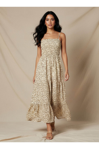 FAV Floral Print Tiered Women Dress with Smocked Detail