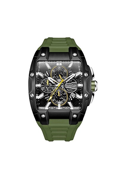 Quantum Erkek Kol Saati 43 MM Koyu Yeşil Silikon Kordon Siyah Kadran Kronogra...