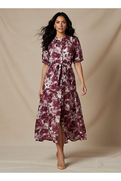 FAV Tiered Midi Viscose Belted Dress with Abstract Print