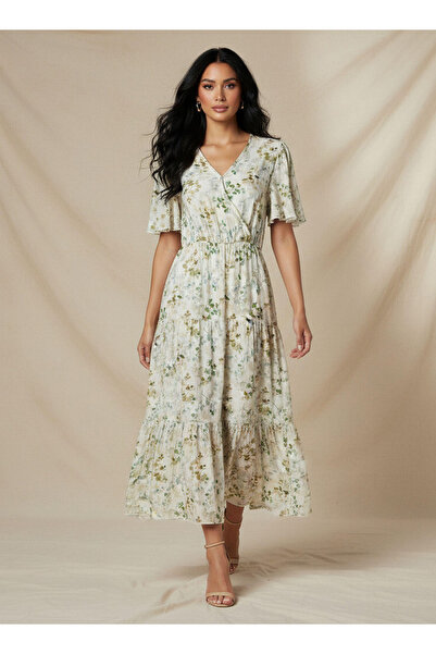 FAV Tiered Midi Viscose Wrap Dress with Floral Print