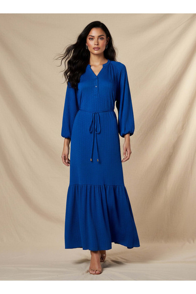 FAV Textured Maxi Women Dress with Tie-Up Detail