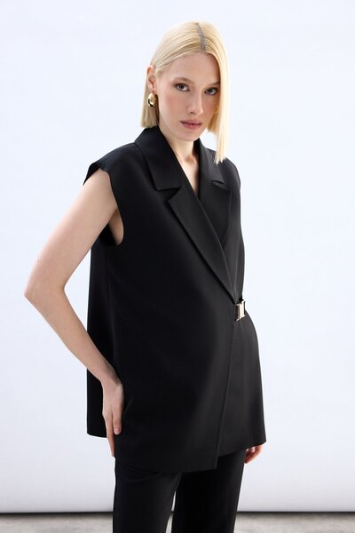Sateen Long Vest with Side Belt - Black