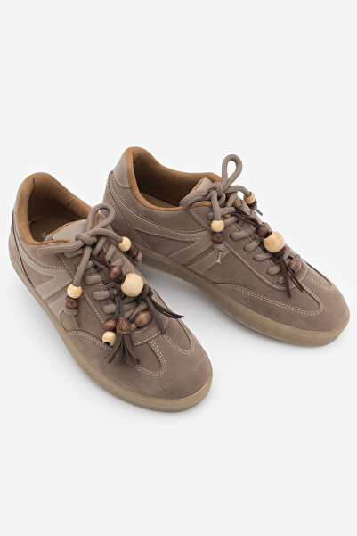 Marjin Women's Sneaker Lace-Up Beaded Tasseled Sports Shoes Ranves Mink Suede