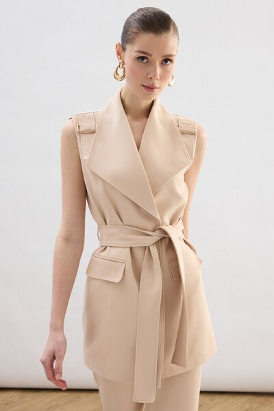 Sateen Γιλέκο με ζώνη με αξεσουάρ ώμου - Μπεζ