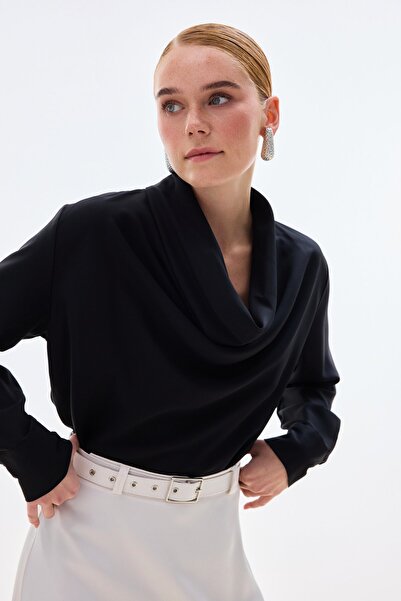 Sateen Plunging Neck Blouse - Black