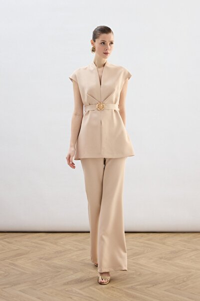 Sateen Accessory Belted Sleeveless Blouse - Beige