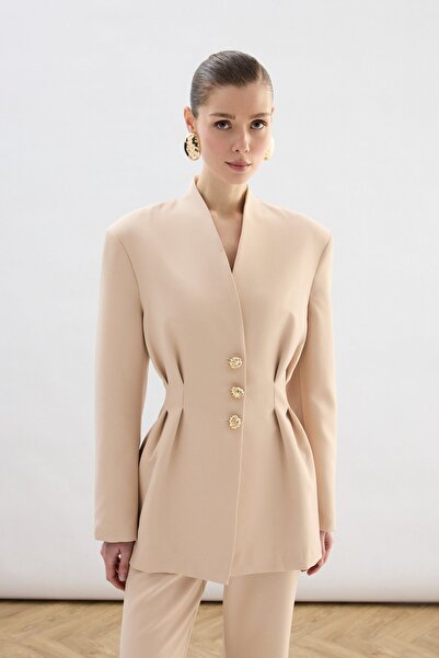 Sateen Long Jacket with Gold Buttons - Beige