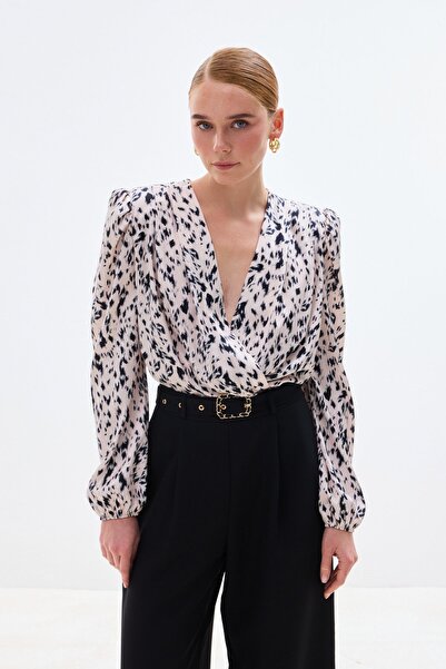 Sateen Double-Breasted Bodysuit Blouse - Ecru