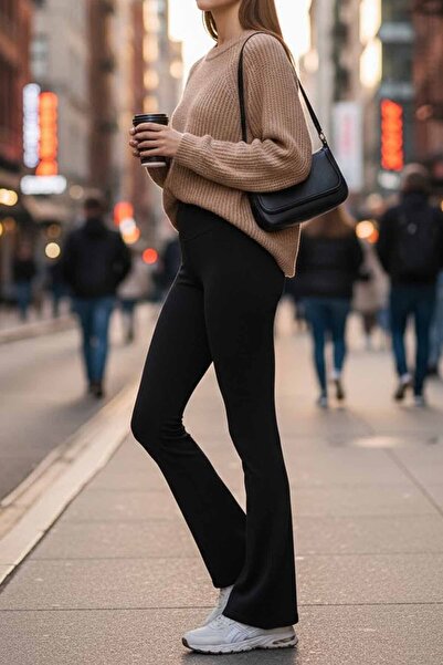 vynor atelier Women's Black High Waist Flared Diver Fabric Leggings