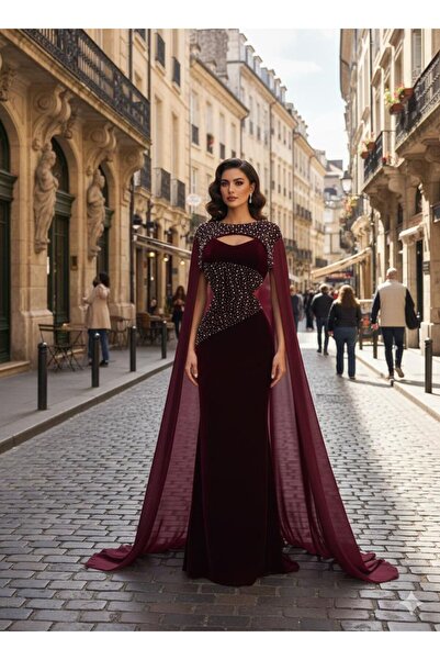 BTROON Evening dress, felt, sequins, chiffon, flared