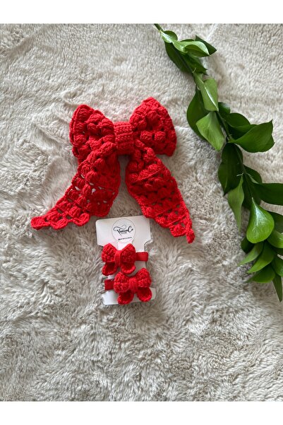 YamanCo Store El Yapımı Anne & Kız Uyumlu Kırmızı Örgü Fiyonk Toka Seti