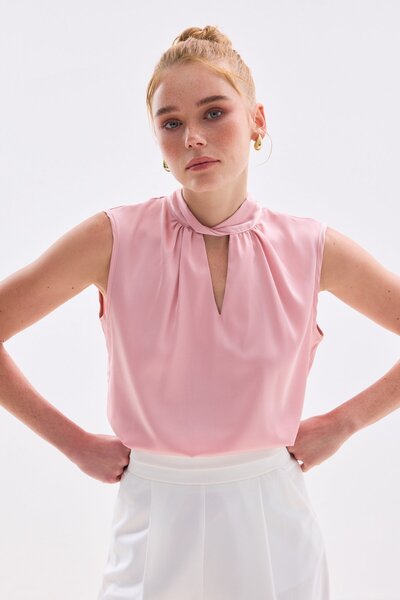 Sateen Collar Detailed Satin Blouse - Pink