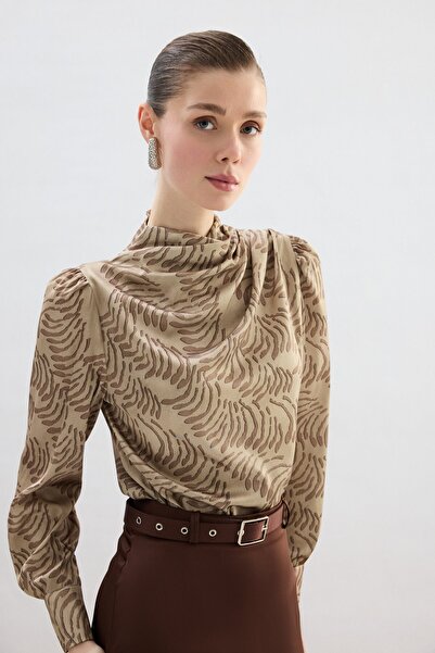 Sateen Drape Detailed Patterned Blouse - Mink