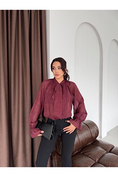 Serica Moda Burgundy Patterned Collar Detailed Shirt Blouse