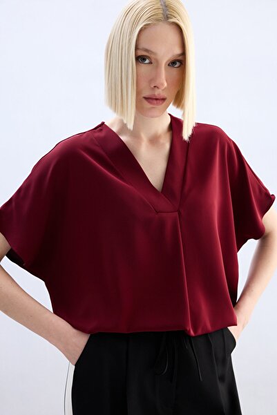 Sateen Wide Short Sleeve Blouse - Burgundy