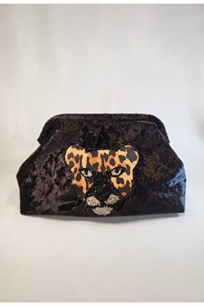 Sade Fashion Women's Velvet Leopard Patterned Clutch Bag Black Shiny Velvet