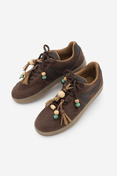 Marjin Women's Sneaker Lace-Up Beaded Tasseled Sports Shoes Ranves Brown Suede