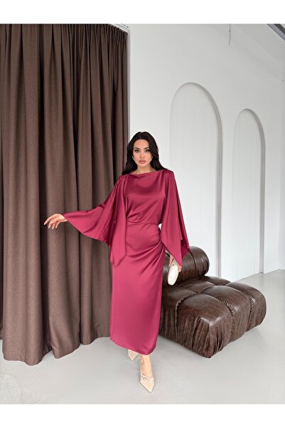 Serica Moda Burgundy Batwing Sleeve Waist Fitted Satin Dress