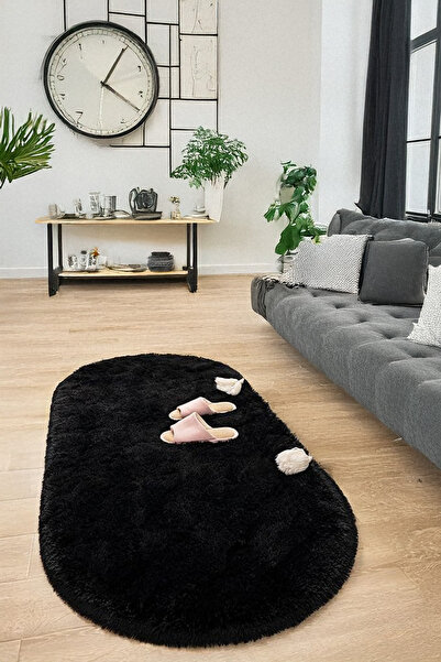 ANUTYA HOME Siyah Oval Post Halı Kesme Yolluk Peluş Yumuşak Kaymaz Dot Taban