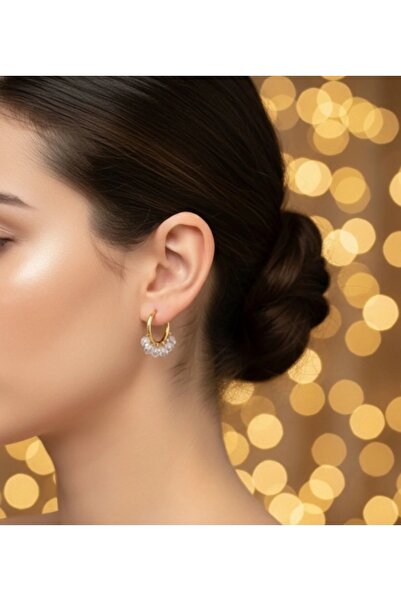 stainless steell gold renk 5 adet saydam taşlı çelik küpe