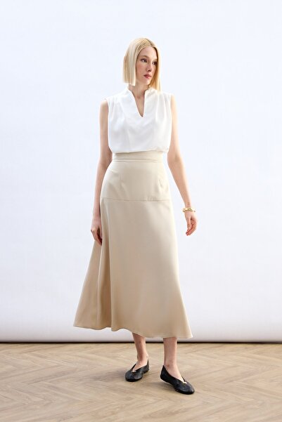 Sateen High Waist Satin Skirt - Stone