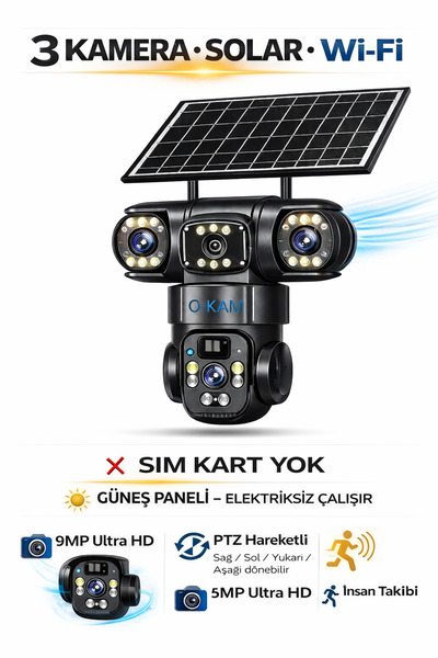 TRCharger 3 Kameralı Solar Güneş Enerjili WiFi Güvenlik Kamerası (SIM Kartsız)