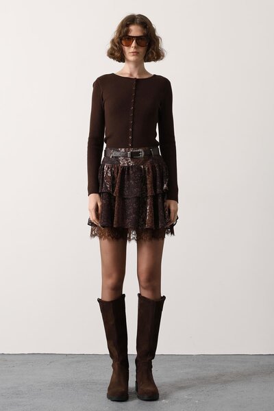 vuvutasarım Fusta mini maro pentru femei, cu detaliu de curea și dantelă, în ...