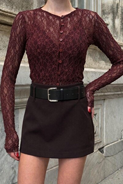 Zechka Kadın Bordo Dantel Uzun Kollu Transparan Body
