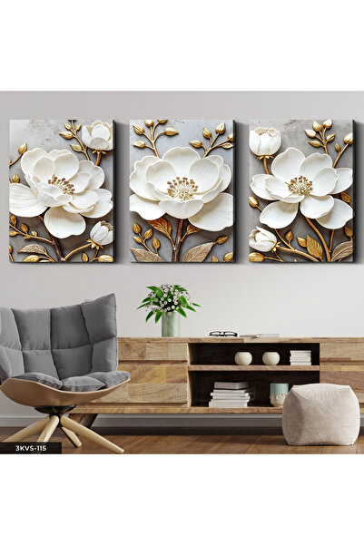Evinemoda Floare albă cu frunze aurii, pânză în 3 piese - Tablou pe pânză