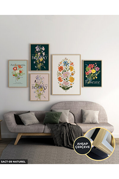 Evinemoda Çiçek Posterleri 5 Parça Ahşap Çerçeveli Tablo