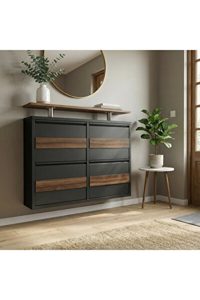 Formet Tablalı 4'lü MDF Kaplamalı Metal Ayakkabılık - Antrasit Natural Ceviz