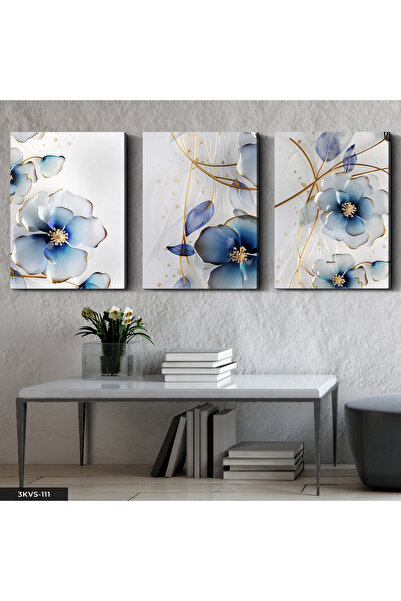 Evinemoda Plavi cvet sa zlatnim detaljima, 3-dijelna slika na platnu - Slika ...