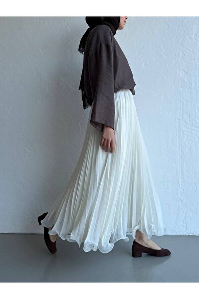 She Olive Pleated Chiffon Long Skirt with Drawstring