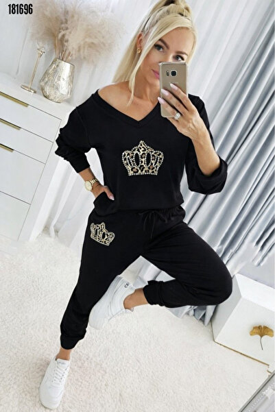 Modayakamoz Women's Trend V-Neck Patterned Double Suit Blouse Trousers