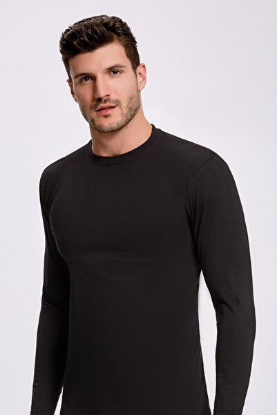 İlke Men'S, 100% Cotton, Long Sleeve, 0 Collar, 6-Piece Black Undershirt