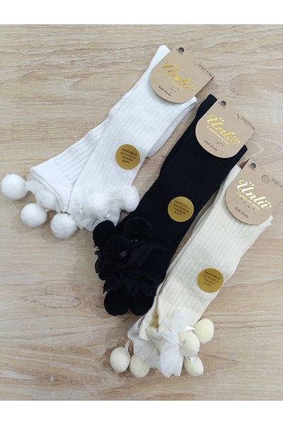 ÜNLÜ ÇORAP ÇOCUK DİZALTI PONPONLU 3 ÇİFT