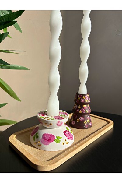 Daisyyartxstudio Çiçek desenli el çizimi Şamdan mumluk 2’li set