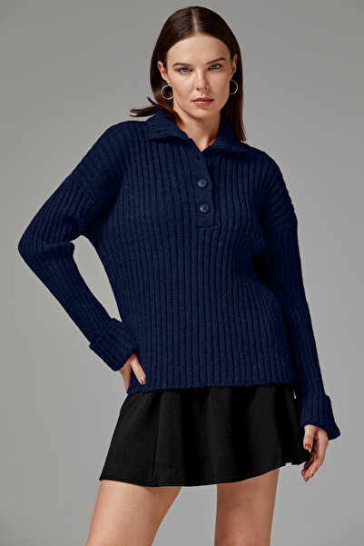 Sementa Half Turtleneck Buttoned Sweater - Navy Blue